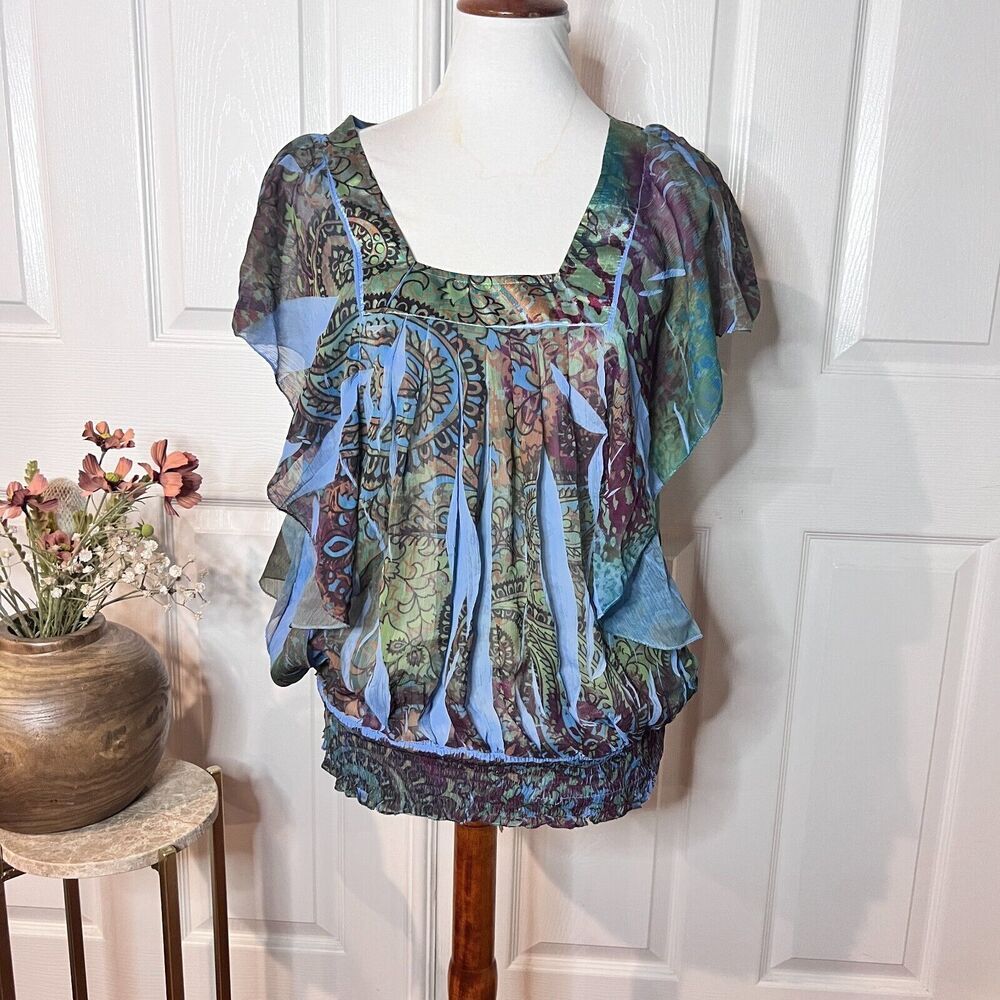 APT 9 Womens‎ Paisley sheer Ruffle Blouson Top Sz M Boho Hippie Y2K Artsy 90s